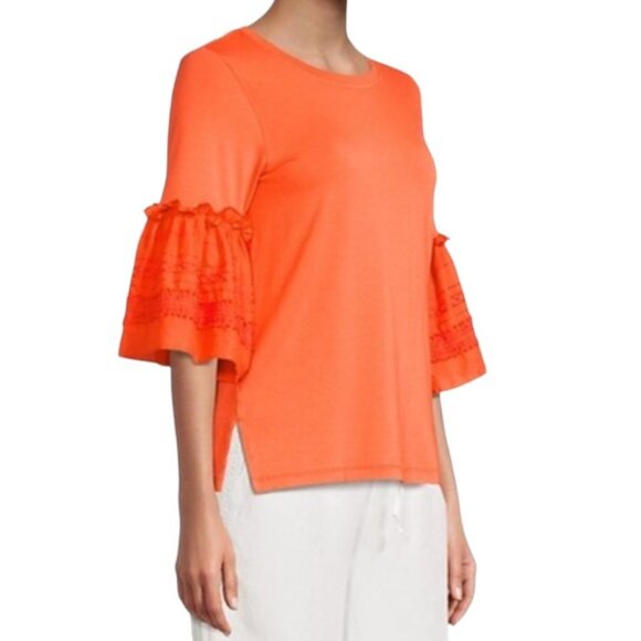 KOBI HALPERIN Embroidered Ruffle Flutter Bell Sleeve Jersey Top Blouse Tangerine - Picture 2 of 16